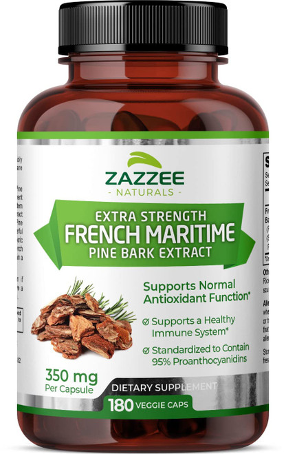 Zazzee Extra Strength French Maritime Pine Bark Extract, 350 mg Per Capsule, 180 Vegan Capsules, 95% Proanthocyanidins, 6 Month Supply, Concentrated and Standardized, All-Natural and Non-GMO Zazzee Extra Strength French Maritime Pine Bark Extract, 350 mg Per Capsule, 180 Vegan Capsules, 95% Proanthocyanidins, 6 Month Supply, Concentrated and Standardized, All-Natural and Non-GMO