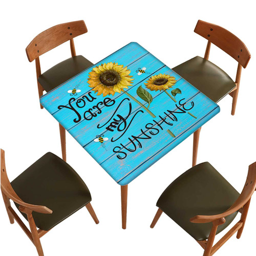 Sunflower Fitted Tablecloth Square, Wood Grain Floral Elastic Edge Home Decor Table Clothes, Dust Proof Waterproof Polyester Tablecloths for Family Living Room Kitchen Patio, Fits 30 x 30 inch Table