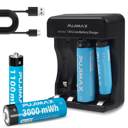 PUJIMAX AA AAA Rechargeable Lithium Batteries with Charger, 1.5v Lithium Rechargeable Battery Combo Set of 2 Packs AA-3000mWh & 2 Packs AAA-1100mWh, 1500 Cycles, 1.5H Fast Charge (4 Packs) PUJIMAX AA AAA Rechargeable Lithium Batteries with Charger, 1.5v Lithium Rechargeable Battery Combo Set of 2 Packs AA-3000mWh & 2 Packs AAA-1100mWh, 1500 Cycles, 1.5H Fast Charge (4 Packs)