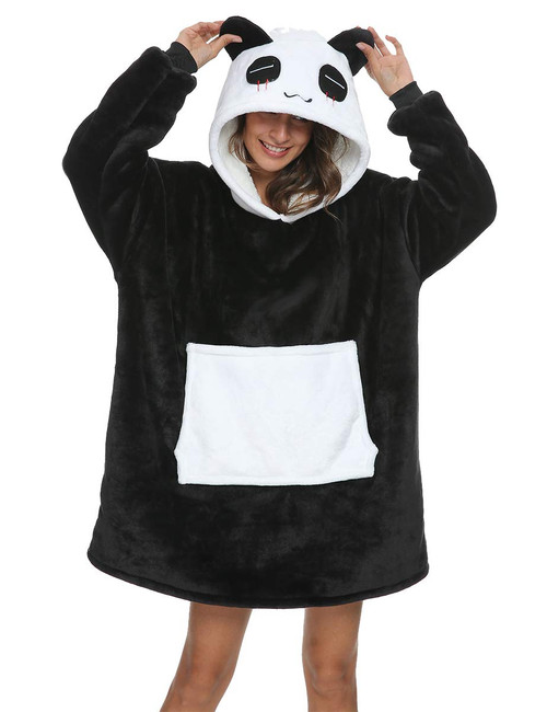 LATH.PIN Panda Wearable Blanket Hoodie Oversized Sherpa Fleece Hoodie Blanket giant Hooded Sweatshirt Blanket Jacket with sleeves