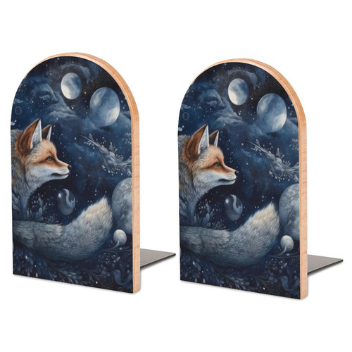Foxs-with-Moon-Stars Book Ends for Shelves, Decorative Book Shelf (1 Pair), Wood Book Ends with Non-Skid Pad and Detachable Bookends.