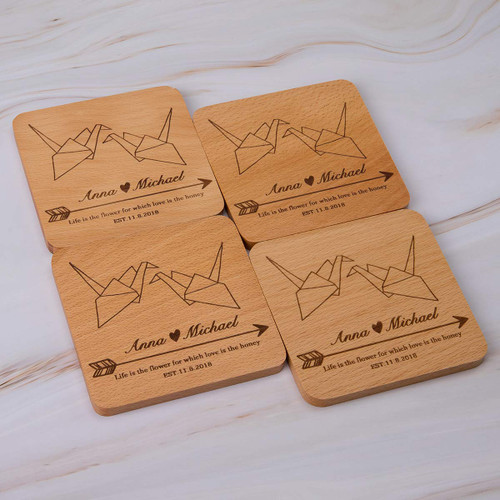 Personalized Monogram Beech Wood Coasters for Drinks - Personalized Wedding Gifts Bridal Shower Gifts - Custom Coasters Set of 6(#6 Paper Crane Style)
