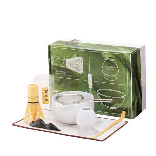 UBTKEY Bamboo Matcha Whisk Set with Bowl, Matcha Whisk and Bowl with Spout, 7pcs Matcha Tea Set Kit with Bowl, Bamboo Whisk, Matcha Scoop & Ceramic Whisk Stand for Japanese Matcha Tea Ceremony, White