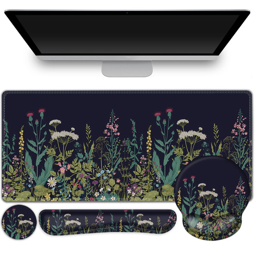 ToLuLu Desk Mat, XXL Large Mouse Pad Wrist Support Set?4 in1 Gaming Mousepad Desk Pad+ Ergonomic Mouse Pad with Wrist Rest + Keyboard Wrist Rest+Coaster for Home Office Computer Table, Weeds Plants