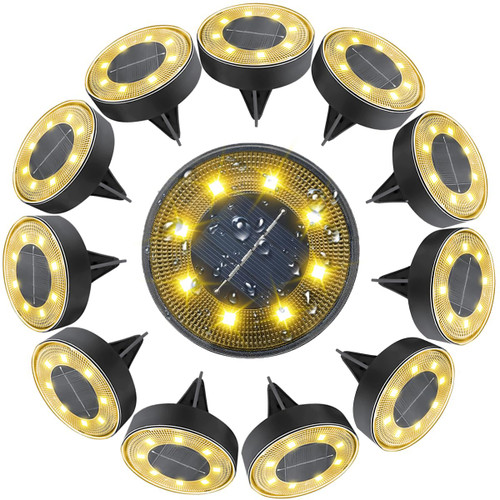 Solar Ground Lights - IP68 Waterproof 12 Pack Solar Lights Outdoor Garden, 8 LED Solar Powered Disk Lights Outdoor Landscape Lighting for Patio Yard Lawn Step Pathway Walkway Driveway (Warm Light)