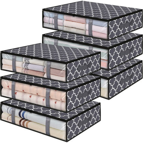 StorageRight Storage Bins Clothes Storage, Foldable Blanket Storage Bags, Under Bed Storage Containers for Organizing, Clothing, Bedroom, Comforter, Closet, Dorm, Quilts, Organizer,6-Pack Clover Grey