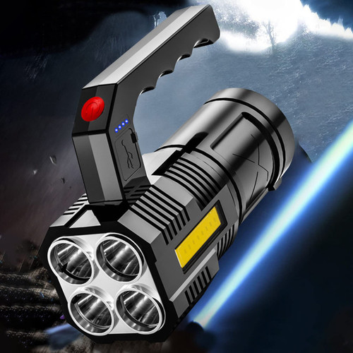 PTJKU Rechargeable LED Spotlight Flashlights, Super Bright Flashlight with 4 Modes, Large Searchlight for Fishing, Hiking and Camping (Black)