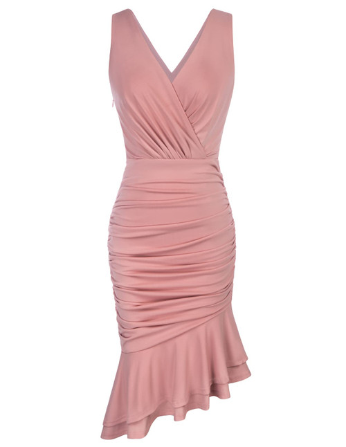GRACE KARIN Womens Formal Dresses Deep V Neck Sleeveless Ruched Bodycon Wrap Dress Knee Length Business Work Cocktail Dresses Pink XL