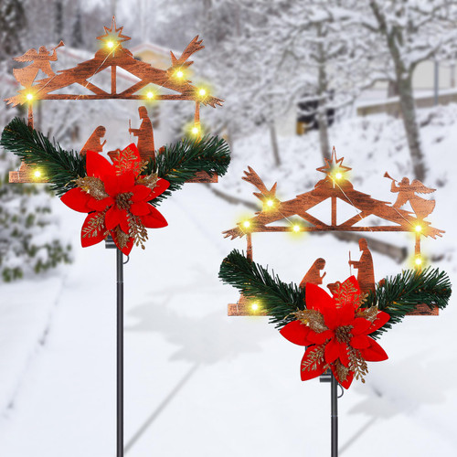 Capoda 2 Pcs Solar Nativity Scene Pathway Lights Christmas Lighted Solar Stake LED Nativity Scene Outdoor Decor Xmas Yard Stakes with Poinsettia Holy Lighted Nativity for Yard Garden Lawn Pathway