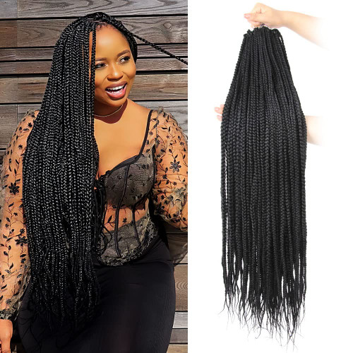 BOHOBABE Big Loop Box Braids Crochet Hair 30 Inch 8 Packs Prelooped, Medium Long 3X Knotless Crochet Box Braiding Hair, Three Tones Goddess Braid Natural Black (1B)