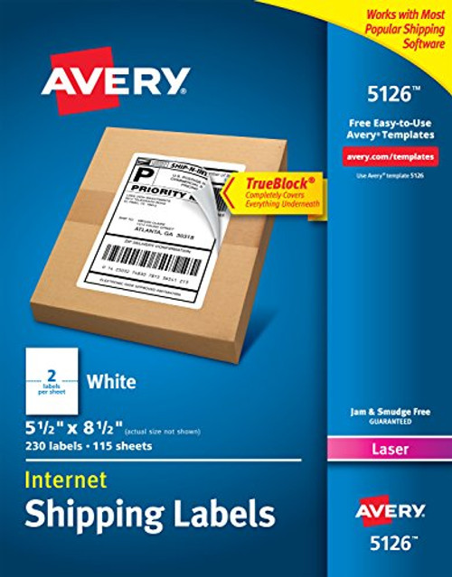 Avery Shipping Address Labels, Laser Printers, 230 Labels, Half-Sheet Labels, Permanent Adhesive, TrueBlock (5126)