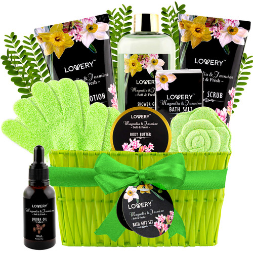 Christmas Luxury Spa Bath Gift Set for Women, Magnolia & Jasmine Gift Basket with Jojoba Oil, Shower Gloves, Shower Gel, Lotion, Body Butter, Body Scrub, Bath Salt, and Bath Bomb in a Wicker Basket Christmas Luxury Spa Bath Gift Set for Women, Magnolia & Jasmine Gift Basket with Jojoba Oil, Shower Gloves, Shower Gel, Lotion, Body Butter, Body Scrub, Bath Salt, and Bath Bomb in a Wicker Basket