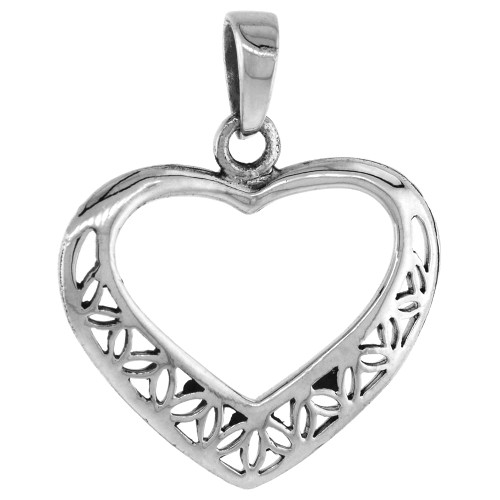 7/8 inch Sterling Silver Cut-out Filigree Heart Necklace for Women Diamond-Cut Oxidized finish 16 inch BX_15
