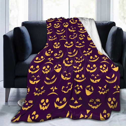 Ahuahua Halloween Blanket Scary Pumpkin Purple Throw Blanket Halloween Throw Blankets Decoration Cozy Soft Flannel Bed Blanket Ghost Blanket Halloween Decor for Couch Sofa Chair 60"X50"