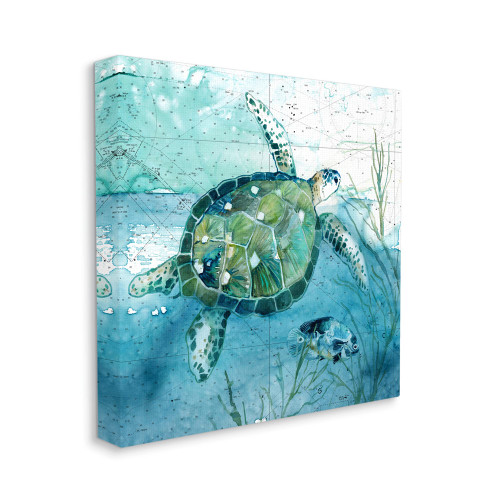 Stupell Industries Sea Tortoise and Fish Over Blue Nautical Ocean Map, Designed by Carol Robinson Canvas Wall Art, 17 x 17