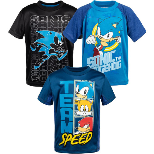 SEGA Sonic The Hedgehog Tails Knuckles Big Boys 3 Pack Athletic T-Shirts Black/Blue 14-16