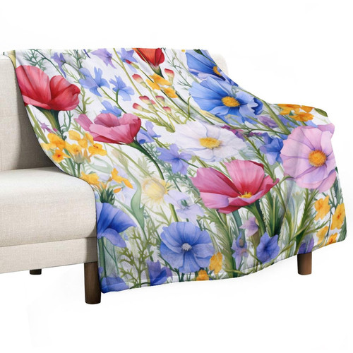 Bed Throw Blanket Watercolor Wildflower Soft Cozy Microfiber Throw Blanket Wild Flowers Botanical Summer Floral Blanket 40"x50" for Couch Sofa Bed Office for Girls Birthday Valentines Gifts