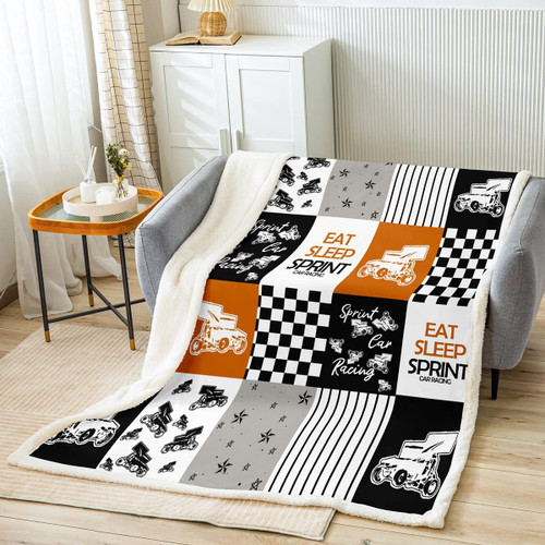 jejeloiu Eat Sleep Sprint Fleece Throw Blanket 40"x50" Race Car Orange White Plush Blanket Set for Bed Sofa Couch Kids Speed Sports Car Sherpa Blanket Extreme Sports Fuzzy Blanket Room Decor