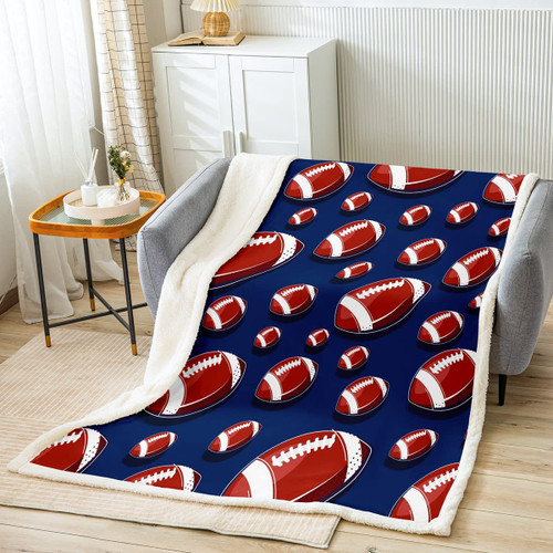 3D Football Plush Blanket Sports Fleece Throw Blanket Soccer Ball Sherpa Blanket for Bed Sofa Couch Kids Microfiber 3D America Football Red Blue Warm Fuzzy Blanket Room Decor 40"x50"