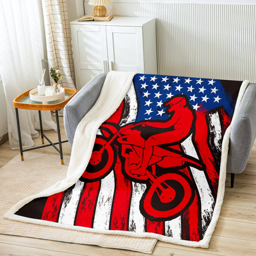 American Flag Dirt Bike Fleece Throw Blanket Extreme Sports Plush Blanket for Kids Boys Girls Racing Motocross Rider Sherpa Blanket Motorcycle Fuzzy Blanket Motorbike 40"x50"