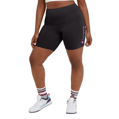 Champion, Authentic, Moisture Wicking, Bike Shorts for Women, 8" (Plus Size), Black Mirrored Script