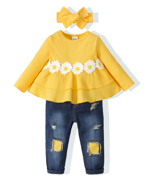 XUANHAO 12-18 Month Girl Clothes Winter Outfits For Baby Girls Long Sleeve Ruffle Daisy Shirt Denim Ripped Jeans Clothing Fall 18 Months Girl Clothes Yellow