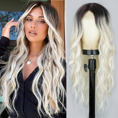 Lativ Long Wavy Wig Ombre Platinum Blonde Wigs for Women Middle Part Curly Synthetic Hair Natural Looking Heat Resistant Fiber for Daily Party Use 24 Inch