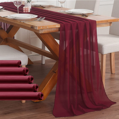 6 Pack Burgundry Chiffon Table Runner 10ft Sheer Table Runner Tulle Table Runner 29x120 Inches Romantic Table Runner for Wedding Table Decorations