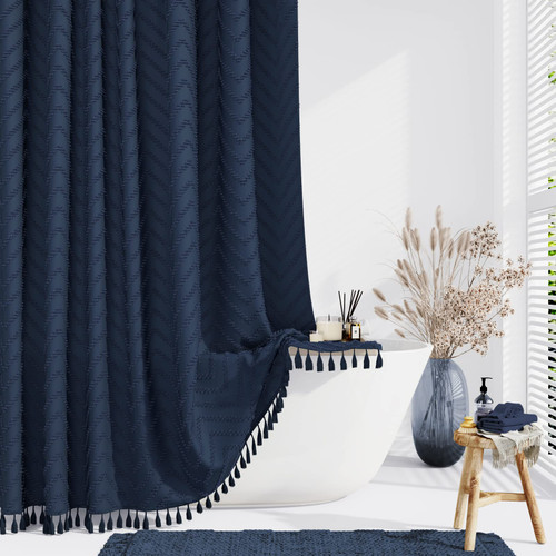 Dynamene Extra Long Shower Curtains, 84 Inches Long Boho Tufted Chevron Striped Fabric Shower Curtains for Bathroom, Tall Minimalist Waterproof Cloth Shower Curtain Set with Hook, Navy Blue, 72x84 Dynamene Extra Long Shower Curtains, 84 Inches Long Boho Tufted Chevron Striped Fabric Shower Curtains for Bathroom, Tall Minimalist Waterproof Cloth Shower Curtain Set with Hook, Navy Blue, 72x84