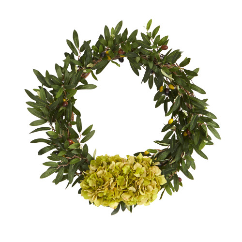 Nearly Natural 21in. Olive with Hydrangea Artificial Wreath, Green