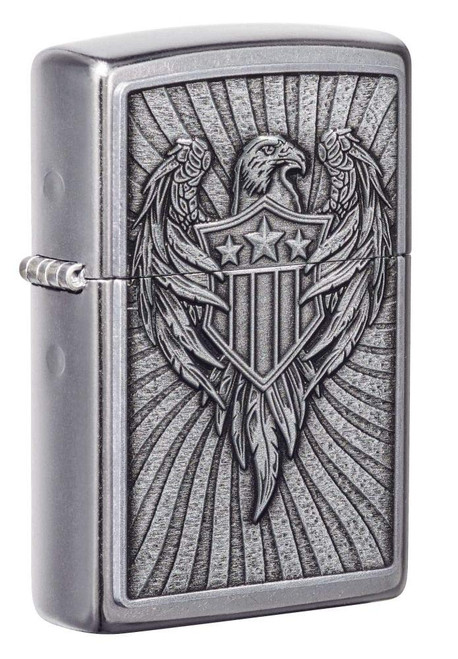 Zippo Eagle Shield Emblem Design Street Chrome Pocket Lighter, Silver