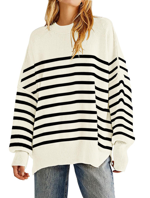 Women's Oversized Crewneck Sweaters Batwing Long Sleeve Side Slit Ribbed Knit Pullover Sweater Tops Off-White