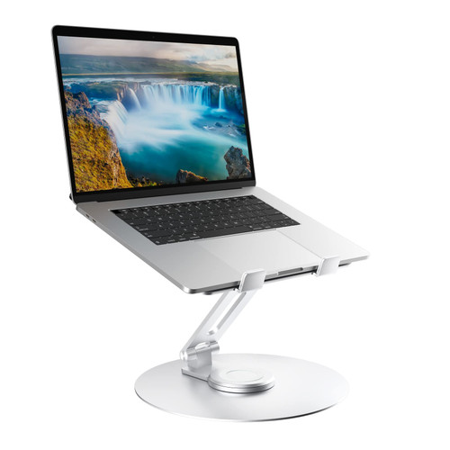 Swivel Laptop Stand for Desk, Adjustable Height Aluminum Computer Stand with 360 Rotating Base, Foldable Ergonomic Riser, Portable Laptop Holder Compatible with MacBook, All Laptops 10-17'', Chrome
