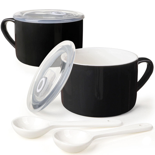 Wareland Soup Bowls with Handles & Spoons, 30oz Ceramic Ramen Bowl with Lid, Large Soup Mugs/Cups for Instant Noodle, Big Cereal Bowls for Oatmeal, Soup Containers with Lids, Set of 2, Black