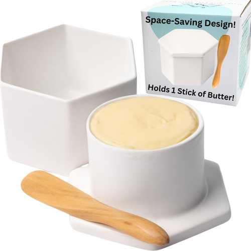 French Butter Crock w/Lid & Wood Spreading Knife - White Modern Butter Keeper for Counter with water - Modern Hexagon Shape Butter Dish - Stoneware Butter Crock - Dishwasher Safe Butter Storage