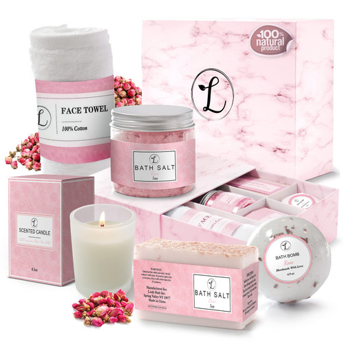 Spa Gift Set 100% Natural, Gift Box Includes: Bath Bomb, Bath Salt, Hand Soap, Scented Candle, Face Cloth and Gift Box. Best Gift for Her. (Rose)