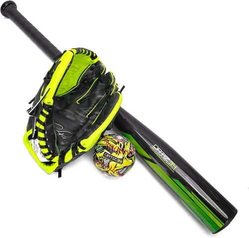 Ortiz34 Homerun Kids Tee Ball Set- David Ortiz 3-in-1 Aluminum Baseball Bat, Baseball, & Youth Baseball Glove Bundle (Made for Youth/Kids), Black/Volt, 5TZBT0126F2E2