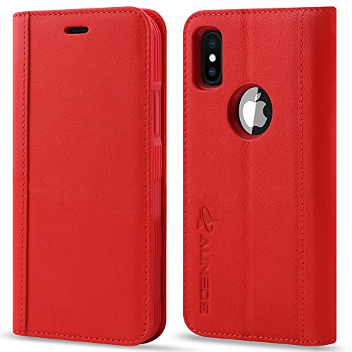 iPhone Xs Case [Folio Style] AUNEOS Wallet Case for iPhone X [Genuine Leather] iPhone Xs Leather Case [Kickstand] [Card Slot] Flip Case Cover for iPhone X/iPhone Xs (Red)
