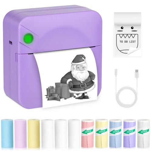 Zeacool Mini Sticker Printer,Mini Pocket Thermal Printer with 11 Rolls Paper,Bluetooth Inkless Printer Compatible with Android & iOS,Portable Receipt Printer for Photo,Journal,Memo,Travel,Purple