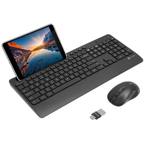 X9 Wireless Keyboard and Mouse Combo - USB C Wireless Keyboard and Mouse Set - Dual USB Port Compatibility (USB Type C + A) - Fullsize Wireless USB Keyboard with 8" Phone Tablet Holder - X9RACDOCKCB