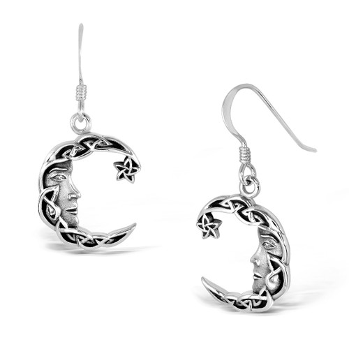 WithLoveSilver 925 Sterling Silver Charm Celtic Star Crescent Moon Dangle Hook Earrings