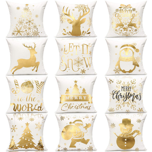 VitalCozy 12 Pack Christmas Throw Pillow Covers Cases White Gold Pillow Covers 18 x 18 Inch Velvet Christmas Throw Pillow Covers with Christmas Tree Reindeer Snowflakes Pillowcase for Sofa Decorations