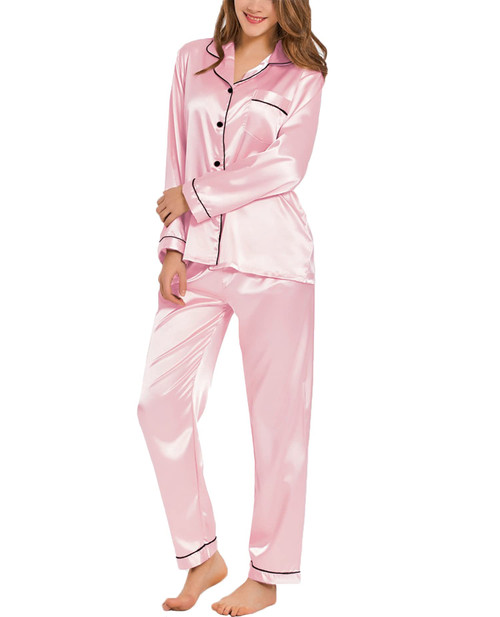 SWOMOG Womens Silk Satin Pajamas Long Sleeve Loungewear Two-piece Sleepwear Button-Down Pj Set Pink SWOMOG Womens Silk Satin Pajamas Long Sleeve Loungewear Two-piece Sleepwear Button-Down Pj Set Pink