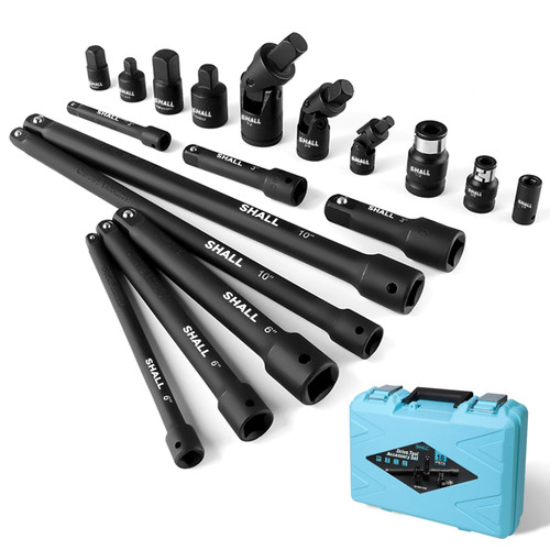 SHALL 18-Piece Drive Tool Accessory Set, Includes Socket Extension Bar, Socket Adapters, Swivel Universal Joints & Impact Coupler, 1/4" 3/8" 1/2" Drive Impact Extension Set