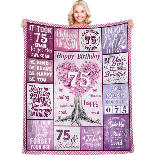 75th Birthday Gifts for Women, 75 Years Old Birthday Gifts, Unique 75th Birthday Decorations Gift, Best 75th Birthday Gift Ideas for Mom, Wife, Sister, Friend, Happy Birthday Throw Blanket 50" x 60"