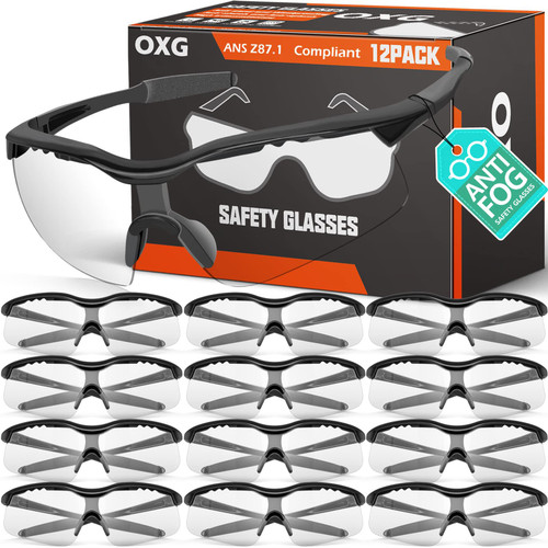 OXG 12 Pack Anti Fog Clear Safety Glasses for Men, ANSI Z87.1 Safety Goggles Impact Scratch Resistant Eye Protection for Shooting, Work, Construction