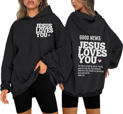 MYHALF Christian Sweatshirt Women Jesus Loves You Hoodie Oversized Jesus Faith Pullover Inspirational Long Sleeve Tops Black