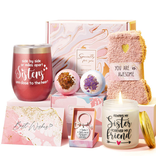 Sisters Gifts from Sister Christmas Gifts for Sister from Brother, Best Friend Birthday Gifts for Sister in Law Soul Sister, Friend Gifts for Women Christmas Gift Baskets for Sisters with Wine Tumbler