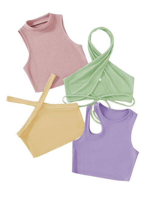 MakeMeChic Women's Casual 4 Pieces Solid Ribbed Knit Crop Tank Tops Vest Pack P Multi S
