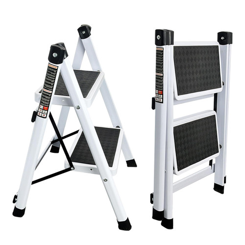 Krightlink 2 Step Ladder Folding Step Stool with Wide Anti-Slip Pedal, Portable & Foldable Folding Ladder Stool, Sturdy Steel Lightweight Ladder for Home Kitchen and Office - White